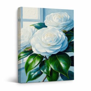 White Camellia Window Garden Framed Canvas Wall Art - Ready to Hang
