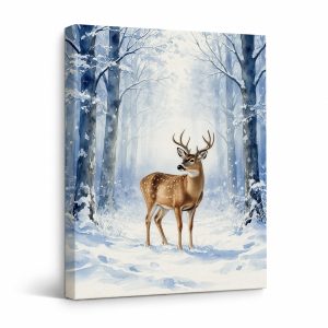 Winter Deer Forest Watercolor Framed Canvas Wall Art