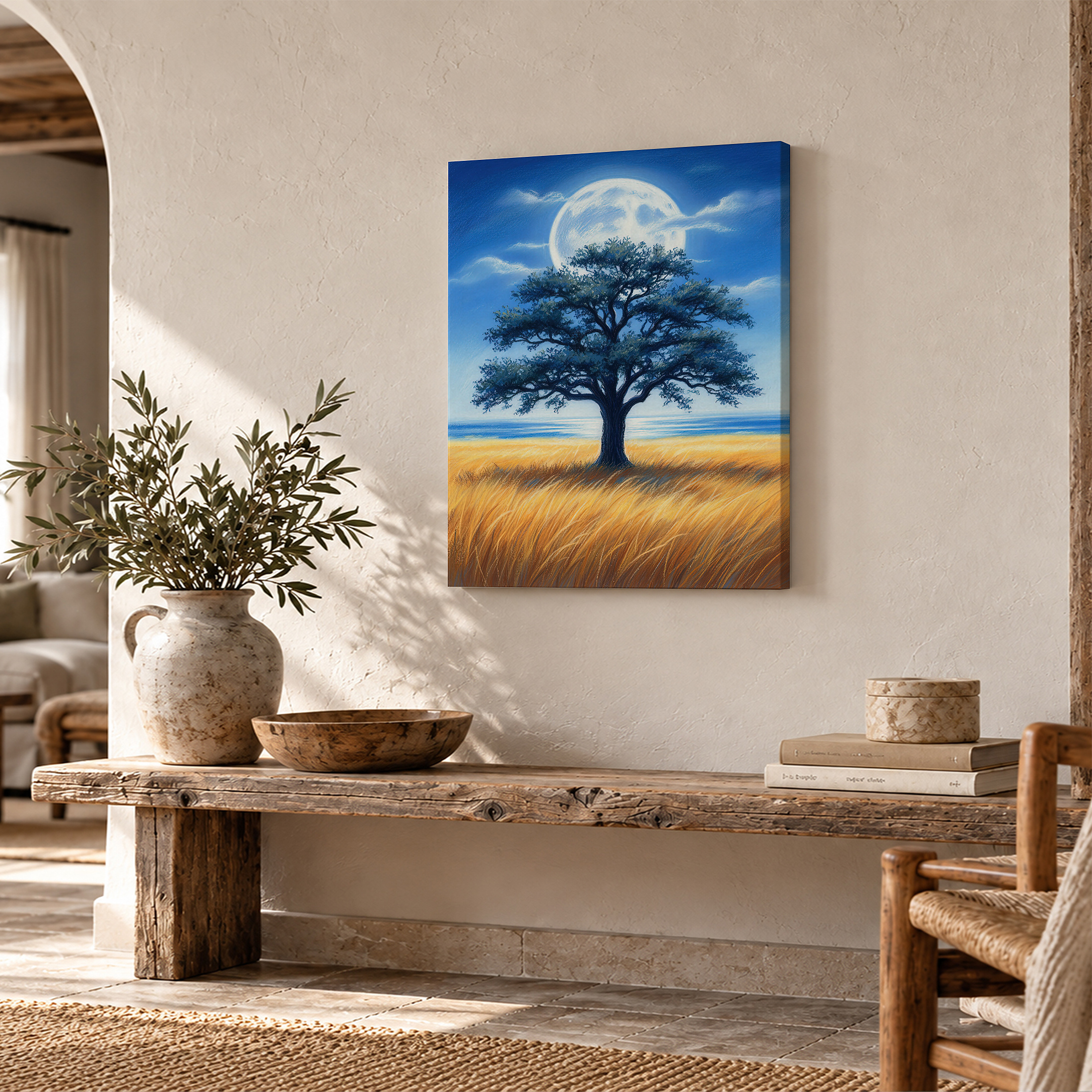 Moonlit Tree Over Ocean Field Framed Canvas Wall Art - Image 2
