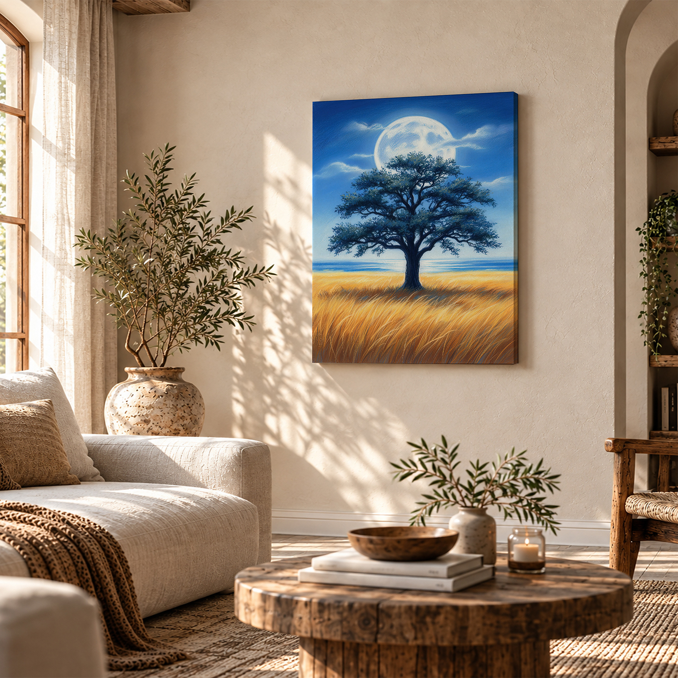 Moonlit Tree Over Ocean Field Framed Canvas Wall Art - Image 4