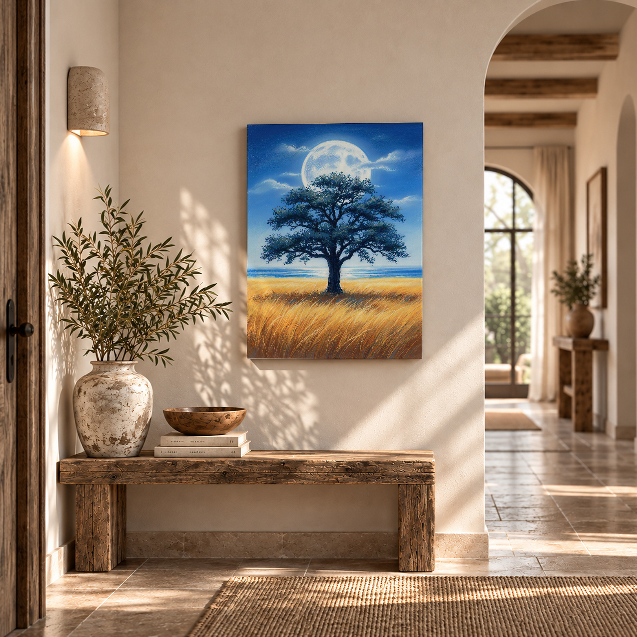 Moonlit Tree Over Ocean Field Framed Canvas Wall Art - Image 6
