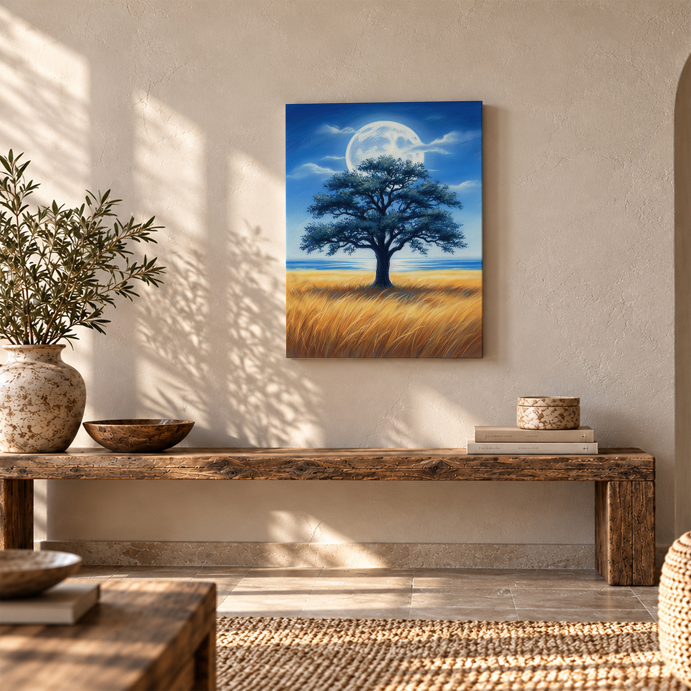 Moonlit Tree Over Ocean Field Framed Canvas Wall Art - Image 5