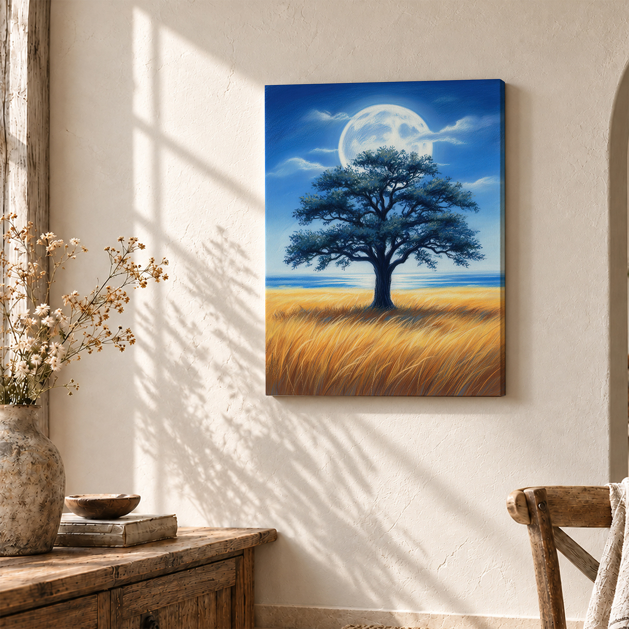 Moonlit Tree Over Ocean Field Framed Canvas Wall Art - Image 3