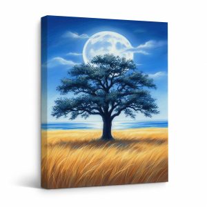 Moonlit Tree Over Ocean Field Framed Canvas Wall Art