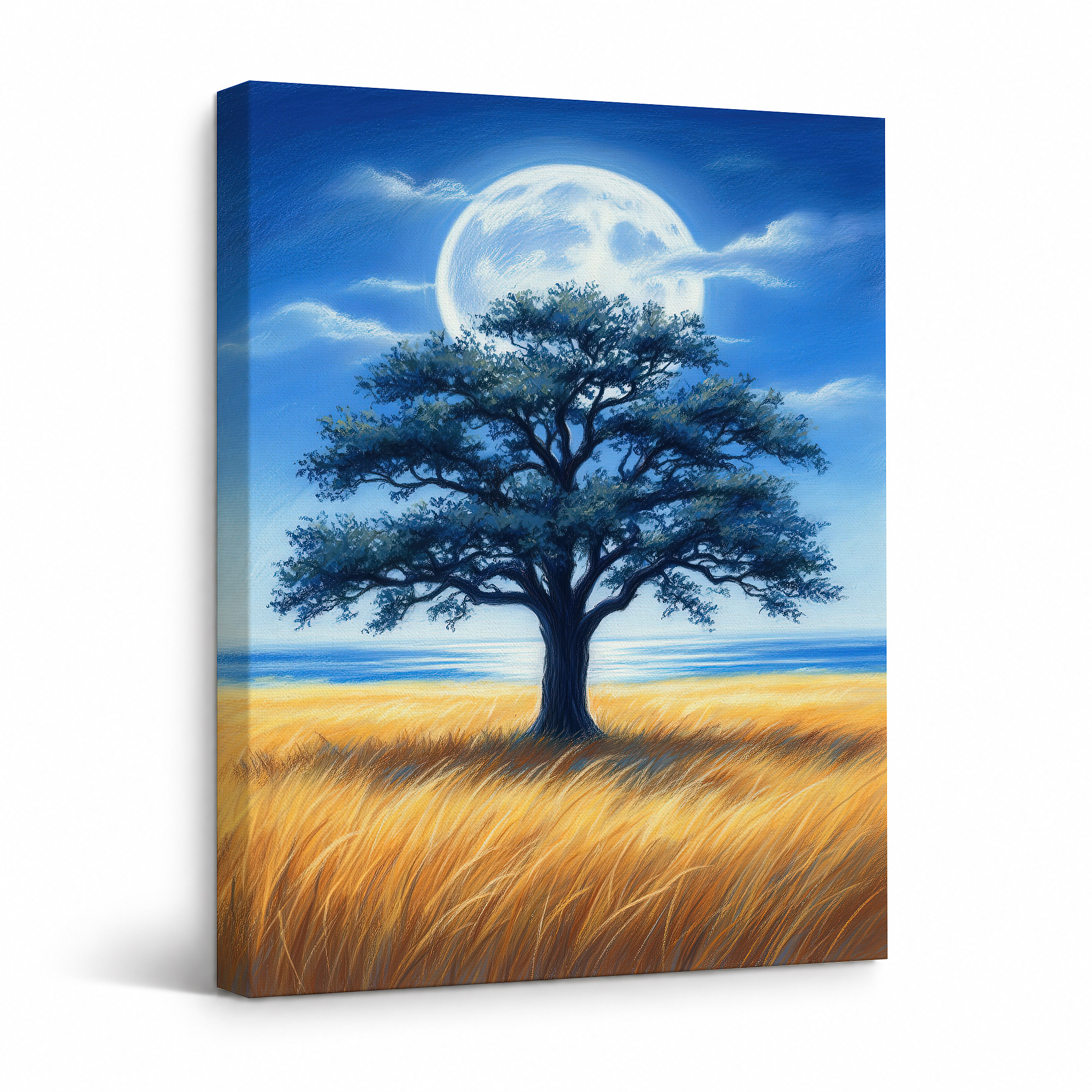 Moonlit Tree Over Ocean Field Framed Canvas Wall Art