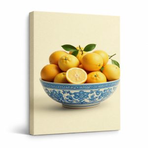Citrus Bowl Blue & White Framed Canvas Wall Art - Ready to Hang