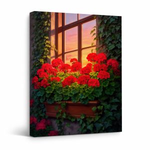 Sunset Geraniums Window Box Framed Canvas Wall Art