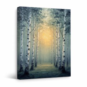 Misty Birch Forest Golden Light Framed Canvas Wall Art