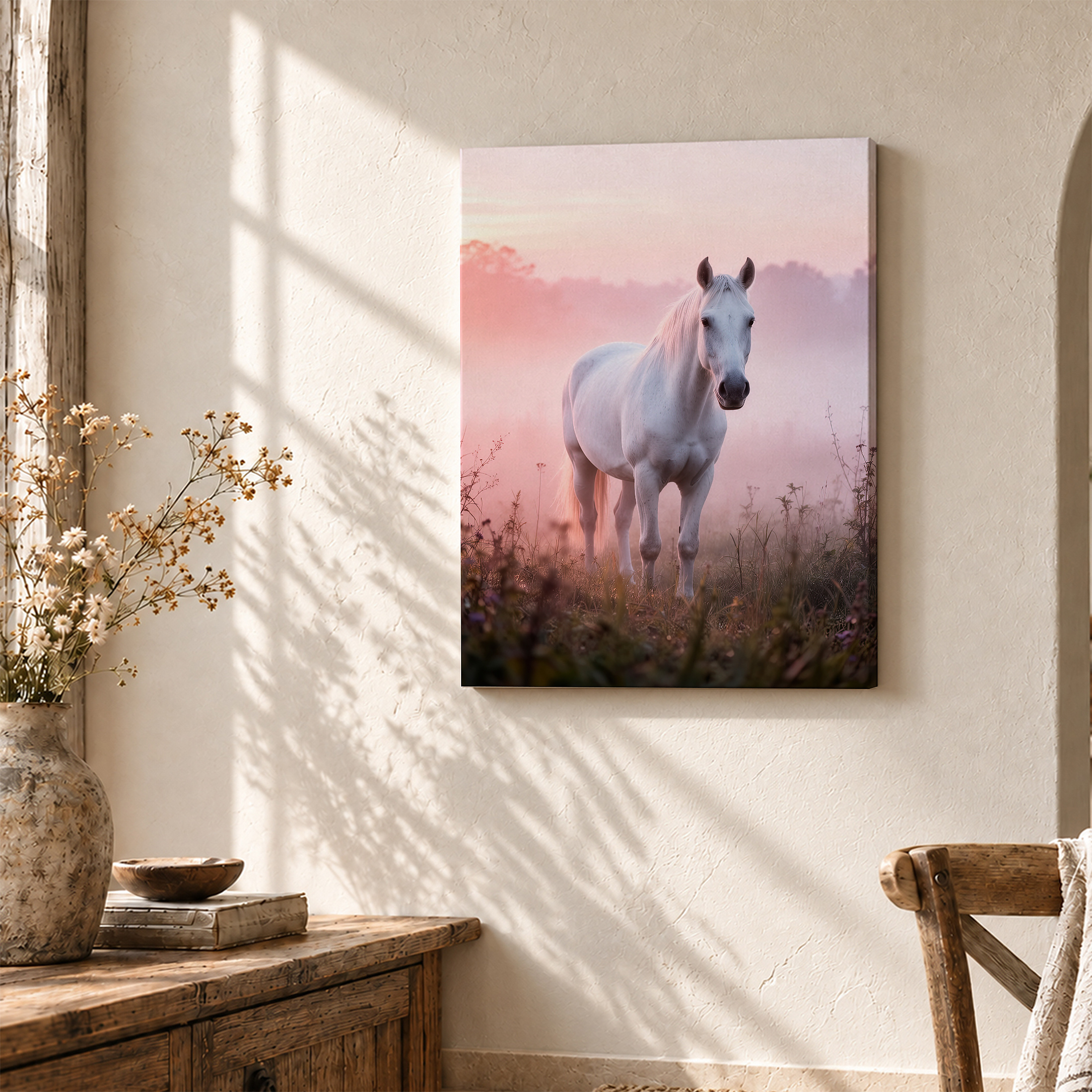 Pink Sunrise Horse Field Framed Canvas Wall Art | Ready to Hang - Image 3