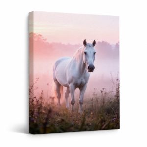Pink Sunrise Horse Field Framed Canvas Wall Art | Ready to Hang