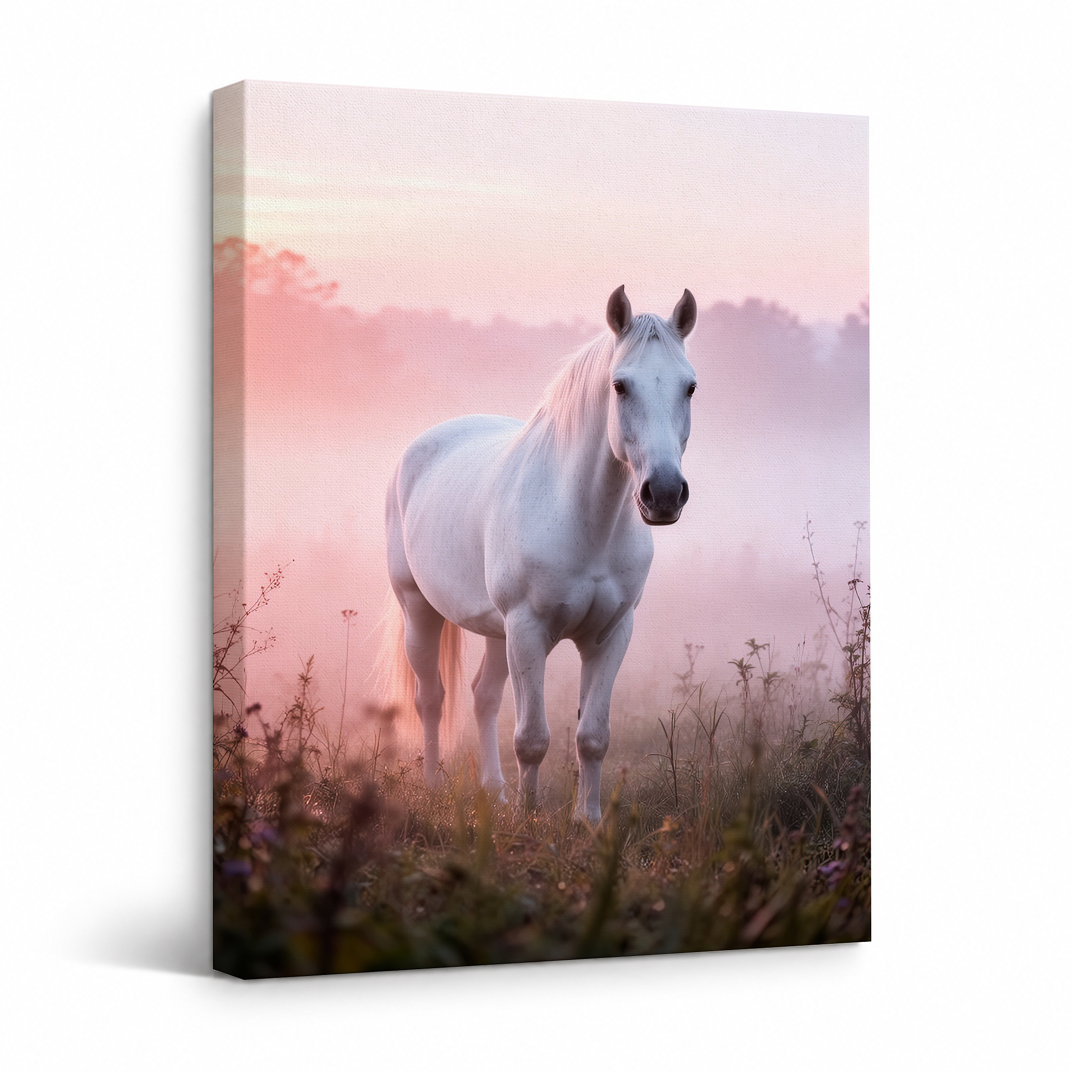 Pink Sunrise Horse Field Framed Canvas Wall Art | Ready to Hang