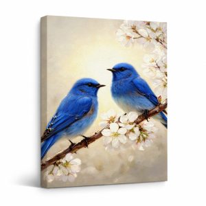 Blue Birds & Cherry Blossoms Framed Canvas Wall Art - Ready to Hang