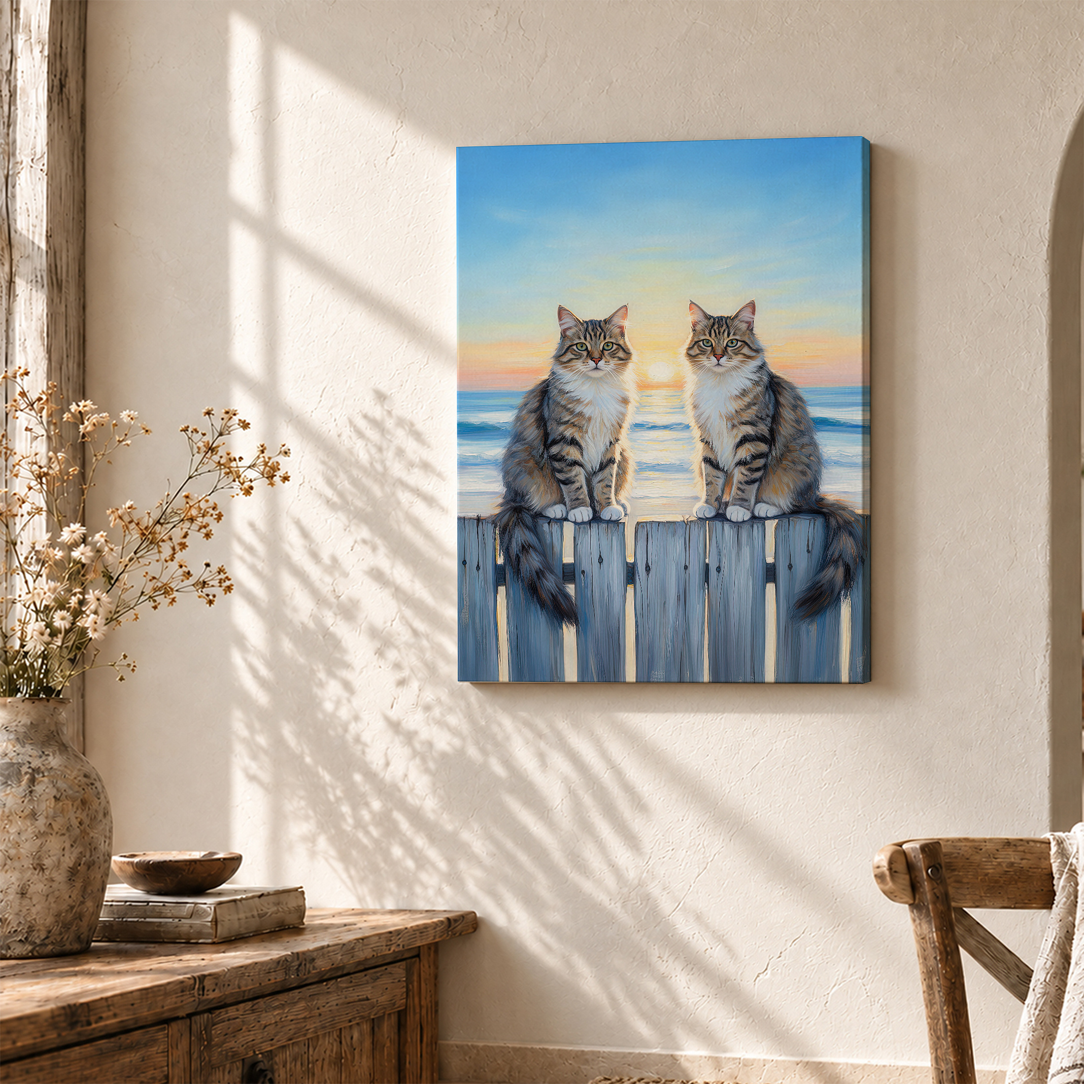 Ocean Sunset Cats Framed Canvas Wall Art - Ready to Hang - Image 3