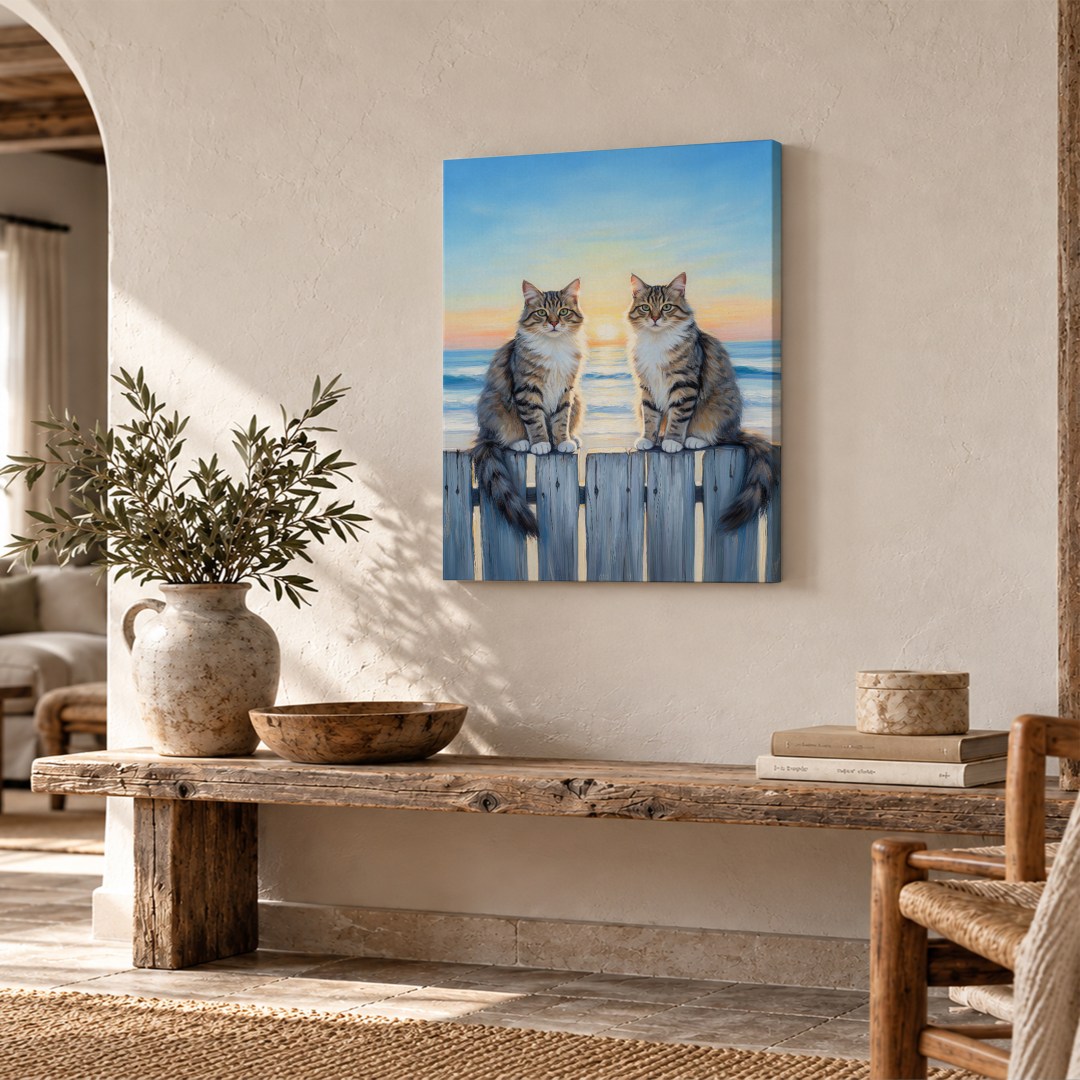 Ocean Sunset Cats Framed Canvas Wall Art - Ready to Hang - Image 2