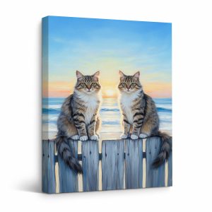 Ocean Sunset Cats Framed Canvas Wall Art - Ready to Hang