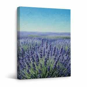 Lavender Field Framed Canvas Wall Art - Serene Blue Sky Art Print