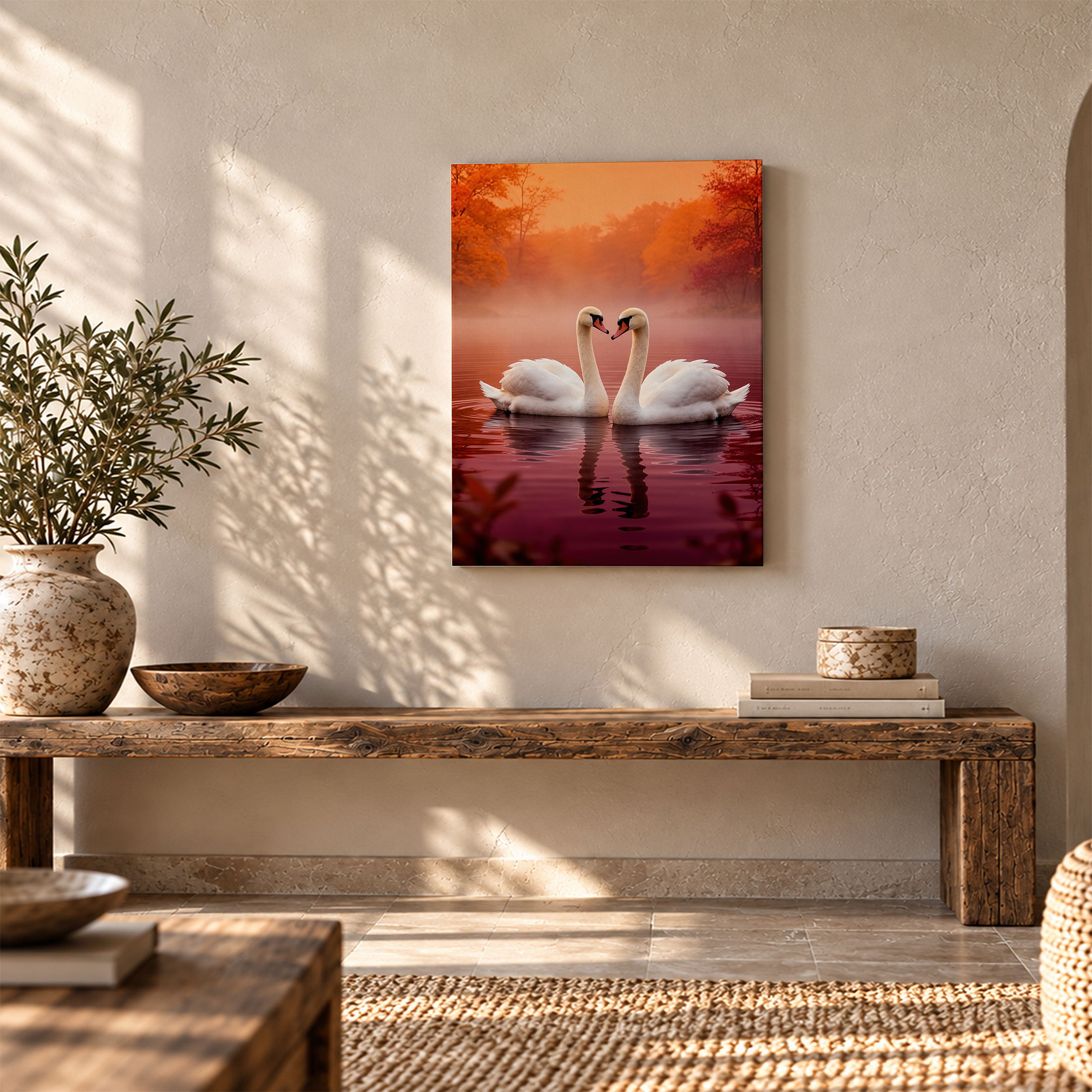 Autumn Swans Lake Sunset Framed Canvas Wall Art - Image 5