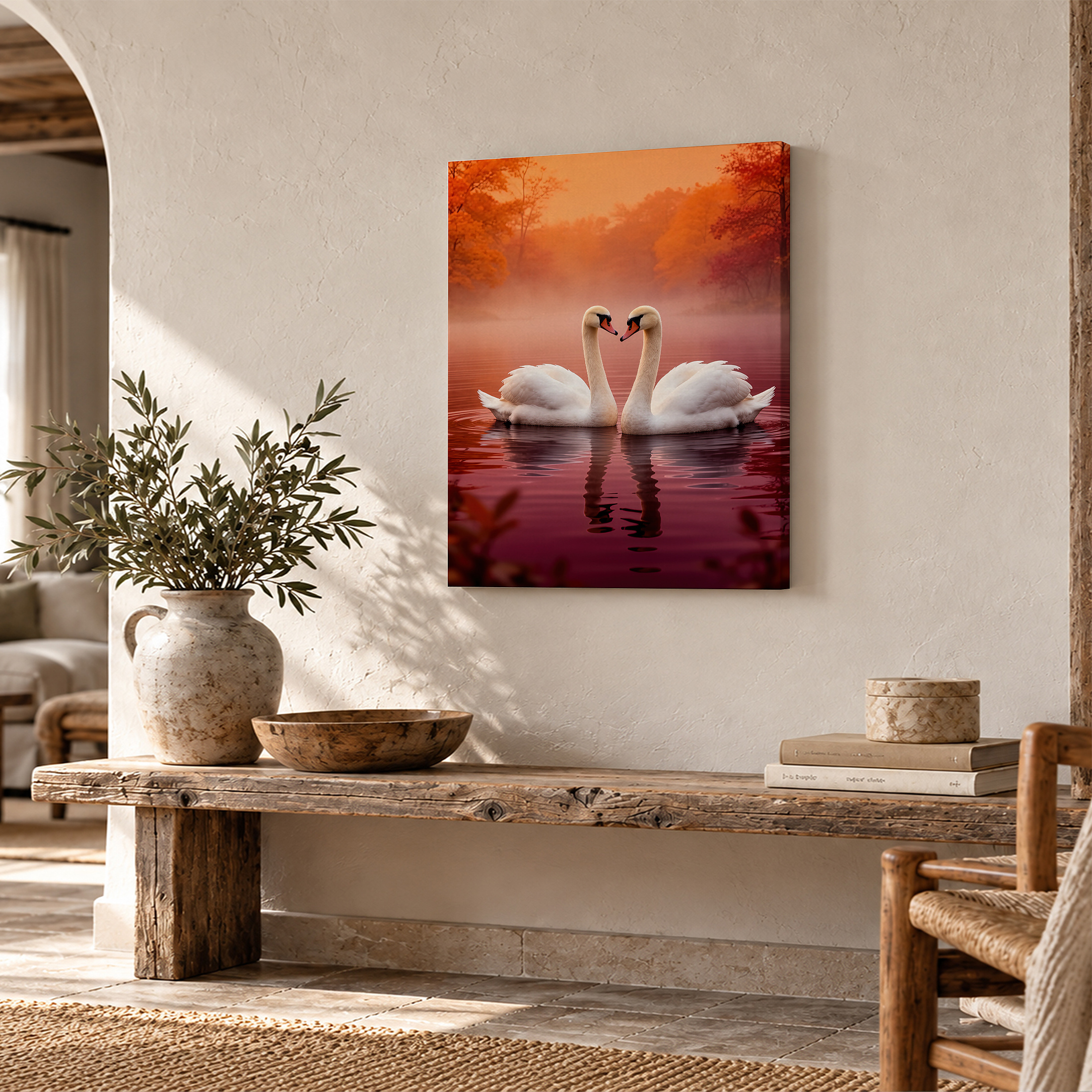 Autumn Swans Lake Sunset Framed Canvas Wall Art - Image 2