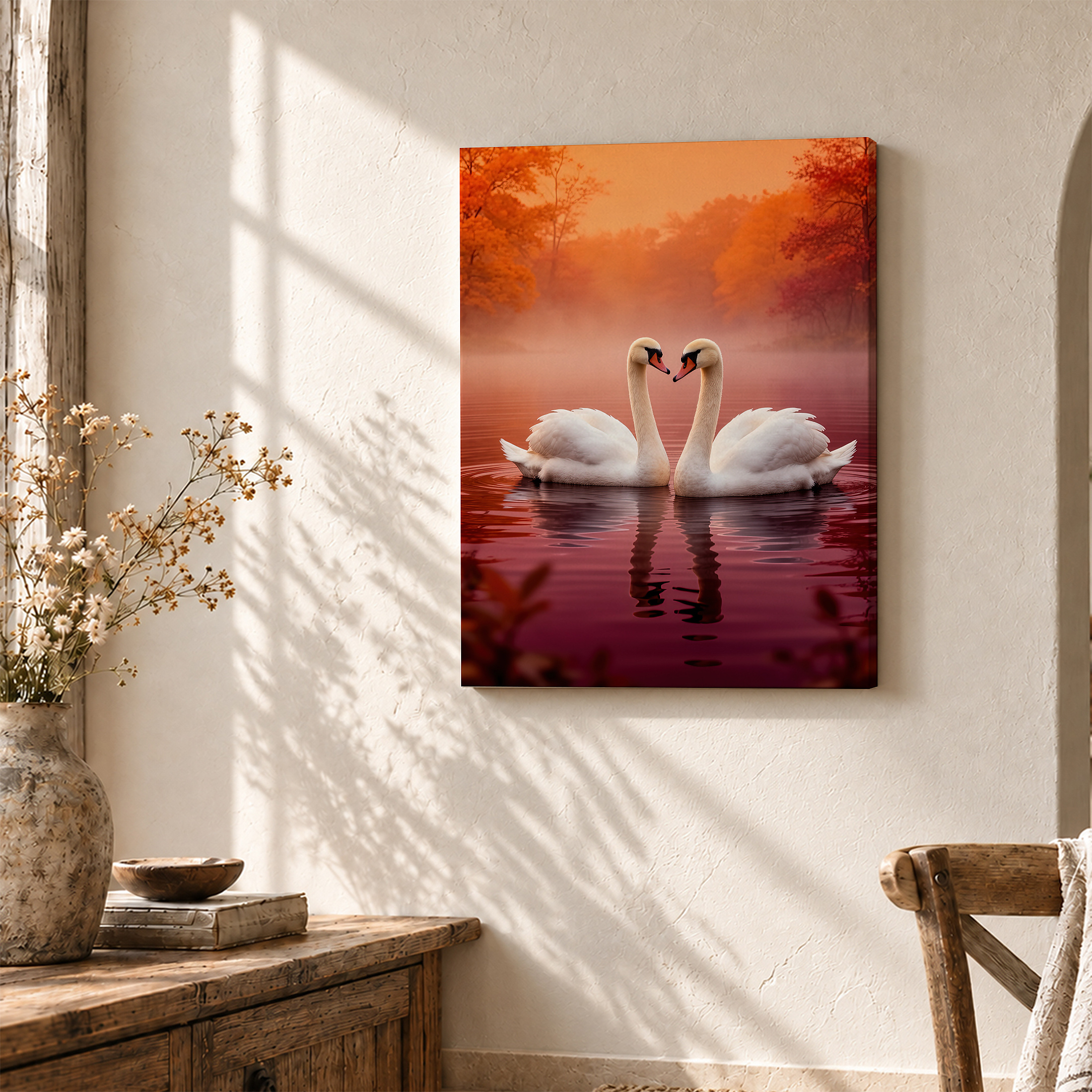 Autumn Swans Lake Sunset Framed Canvas Wall Art - Image 3