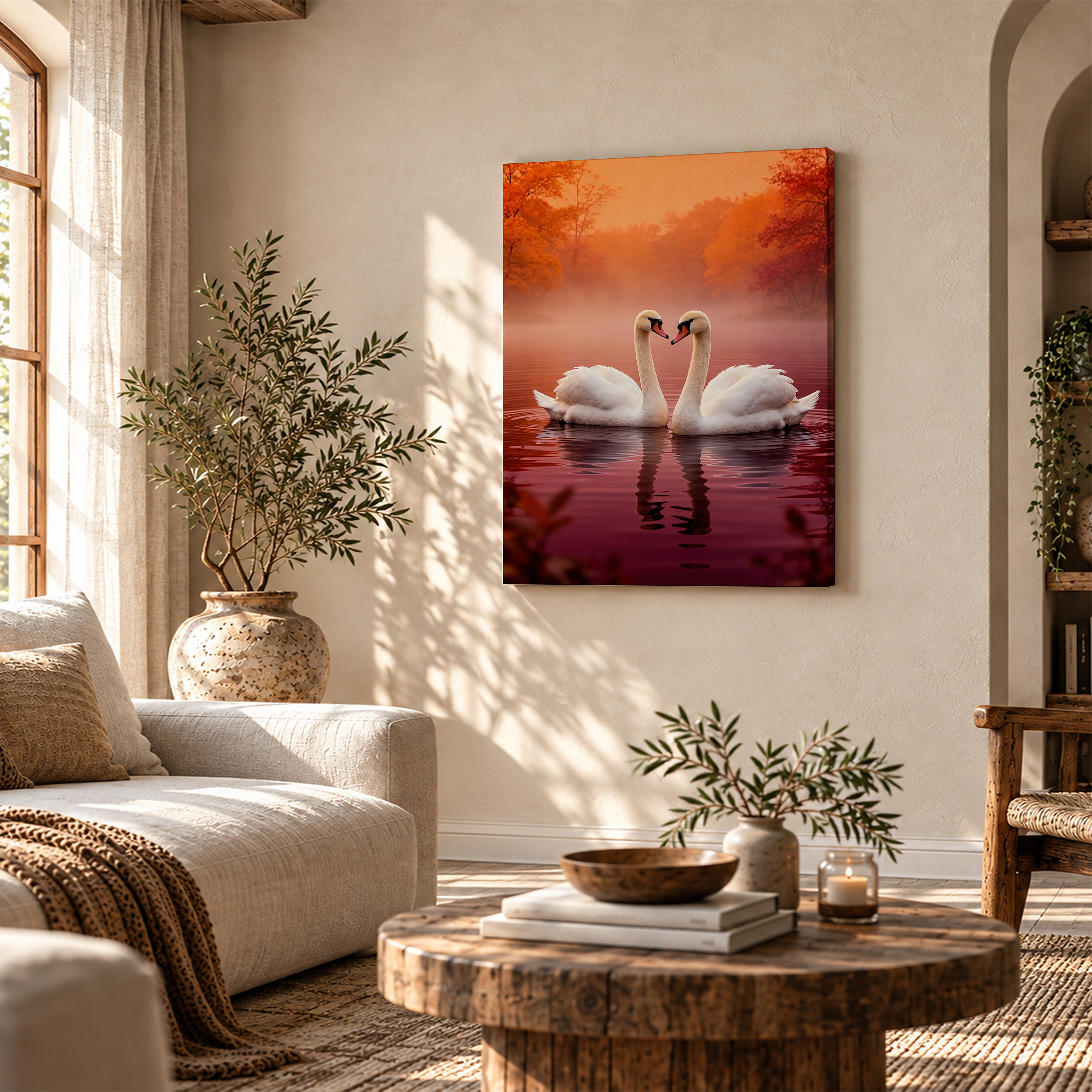 Autumn Swans Lake Sunset Framed Canvas Wall Art - Image 4