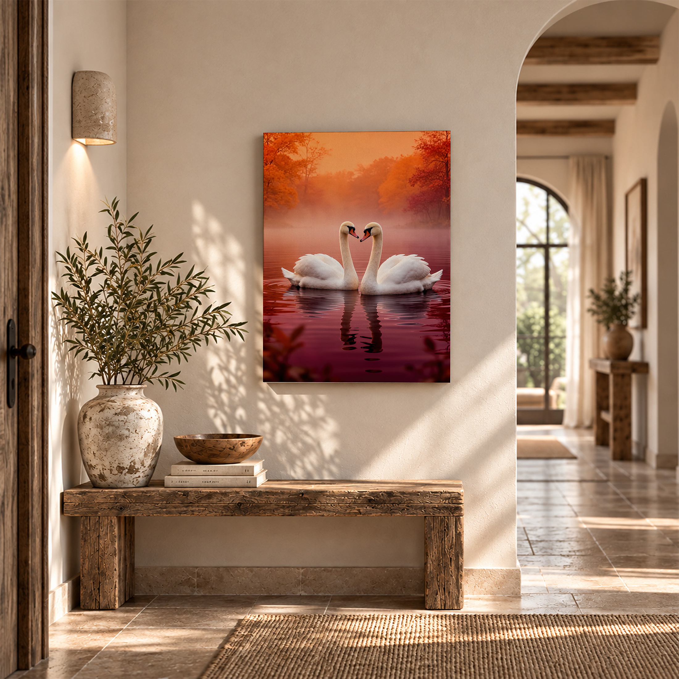 Autumn Swans Lake Sunset Framed Canvas Wall Art - Image 6