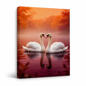 Autumn Swans Lake Sunset Framed Canvas Wall Art