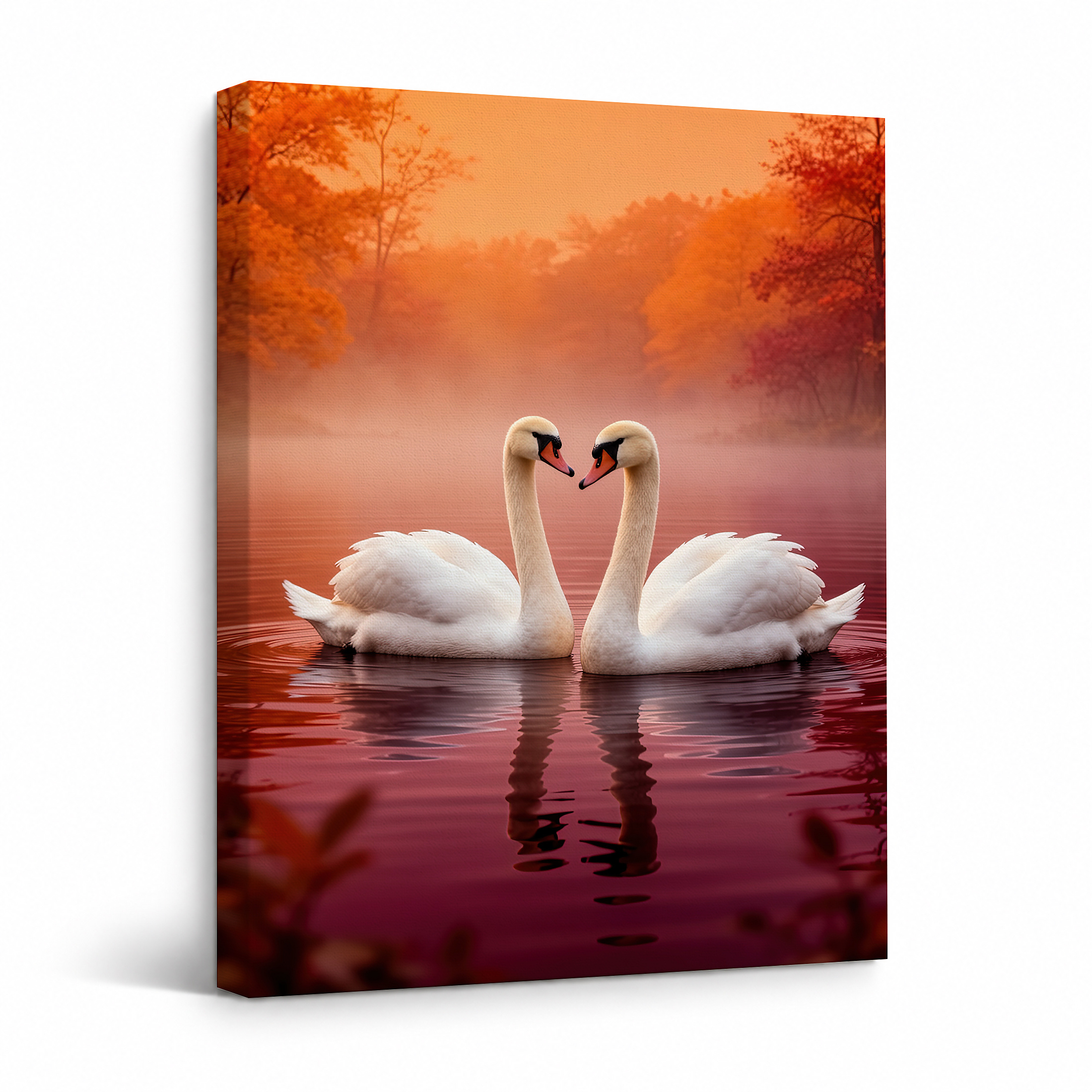 Autumn Swans Lake Sunset Framed Canvas Wall Art