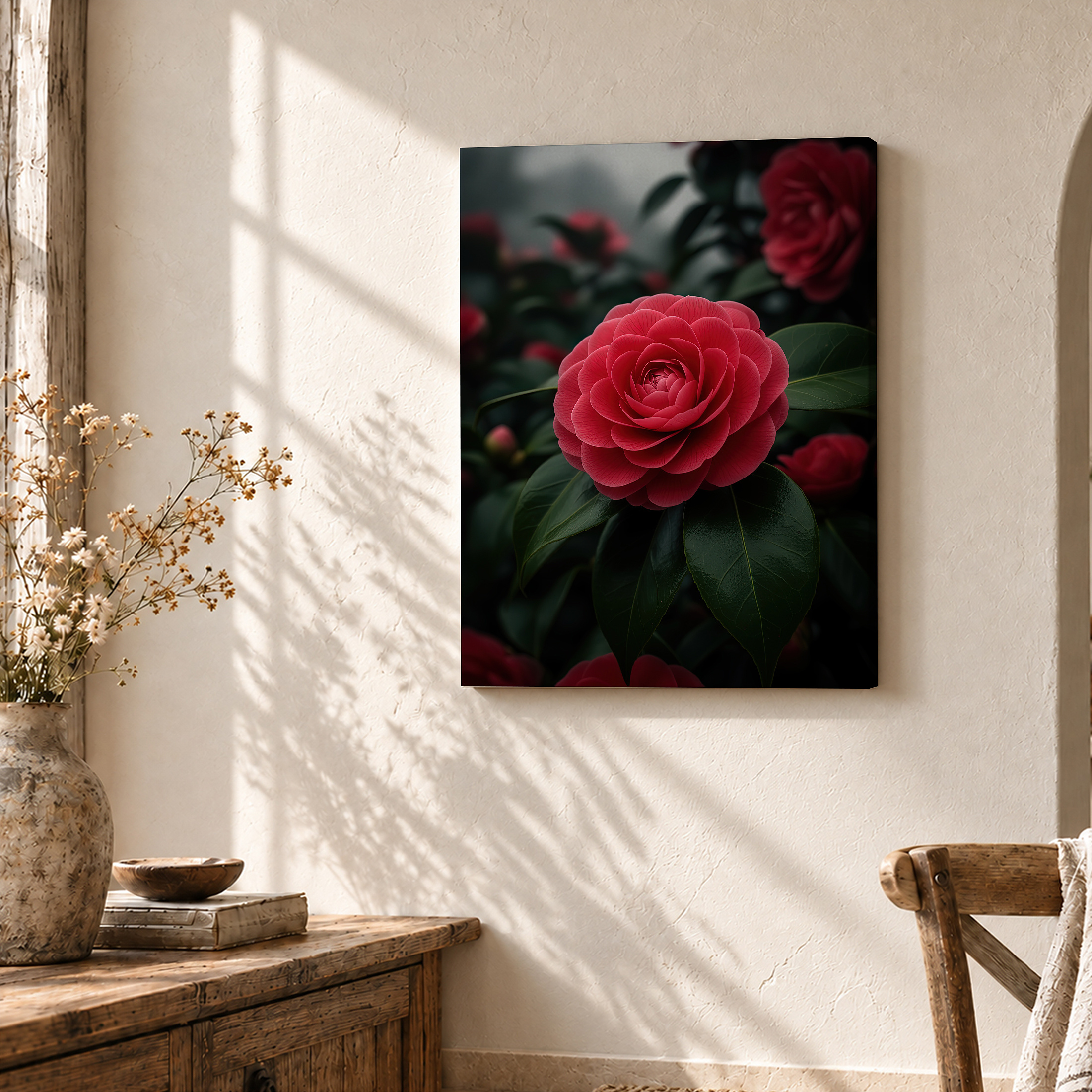 Red Camellia Bloom Framed Canvas Wall Art - Moody Floral Decor - Image 3