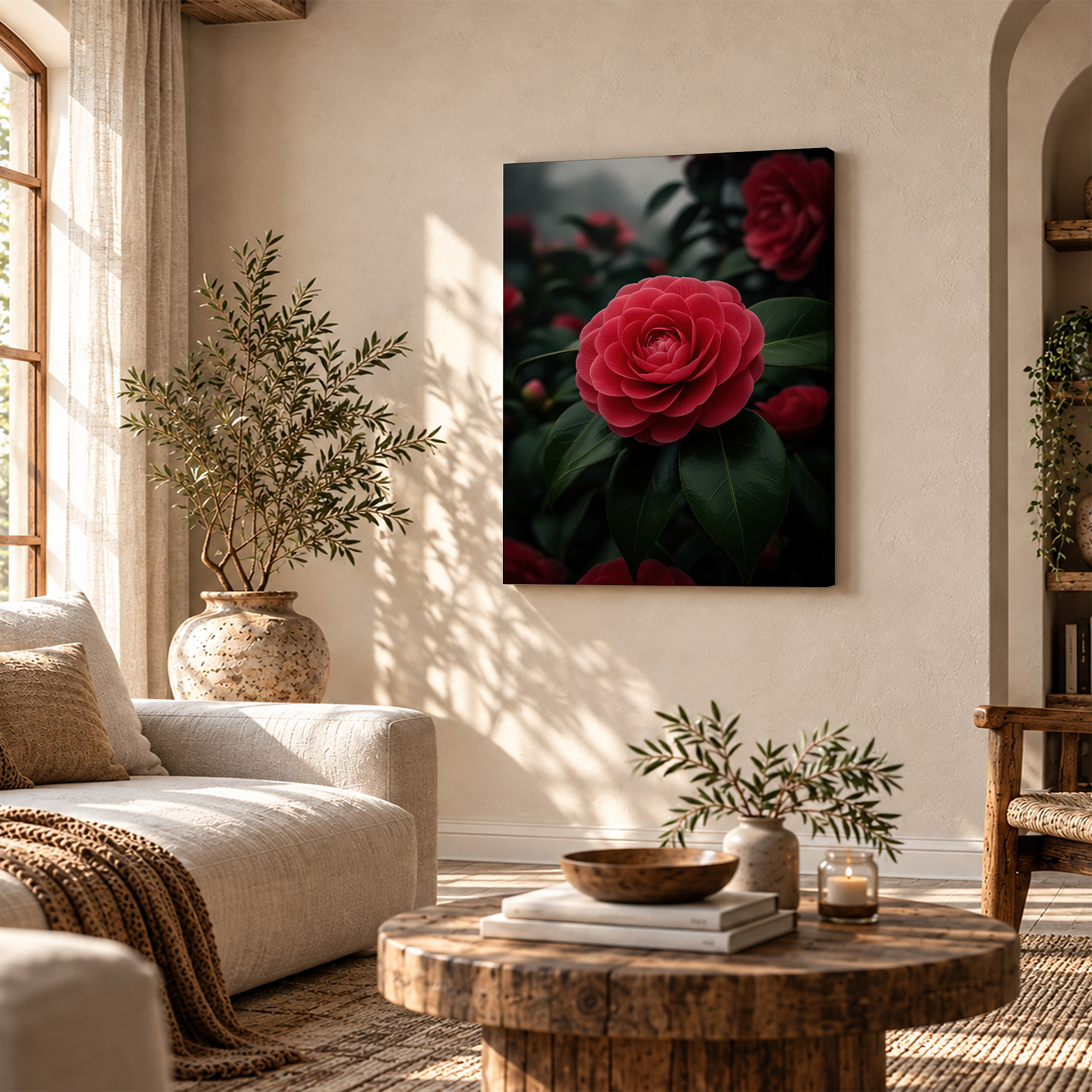 Red Camellia Bloom Framed Canvas Wall Art - Moody Floral Decor - Image 4