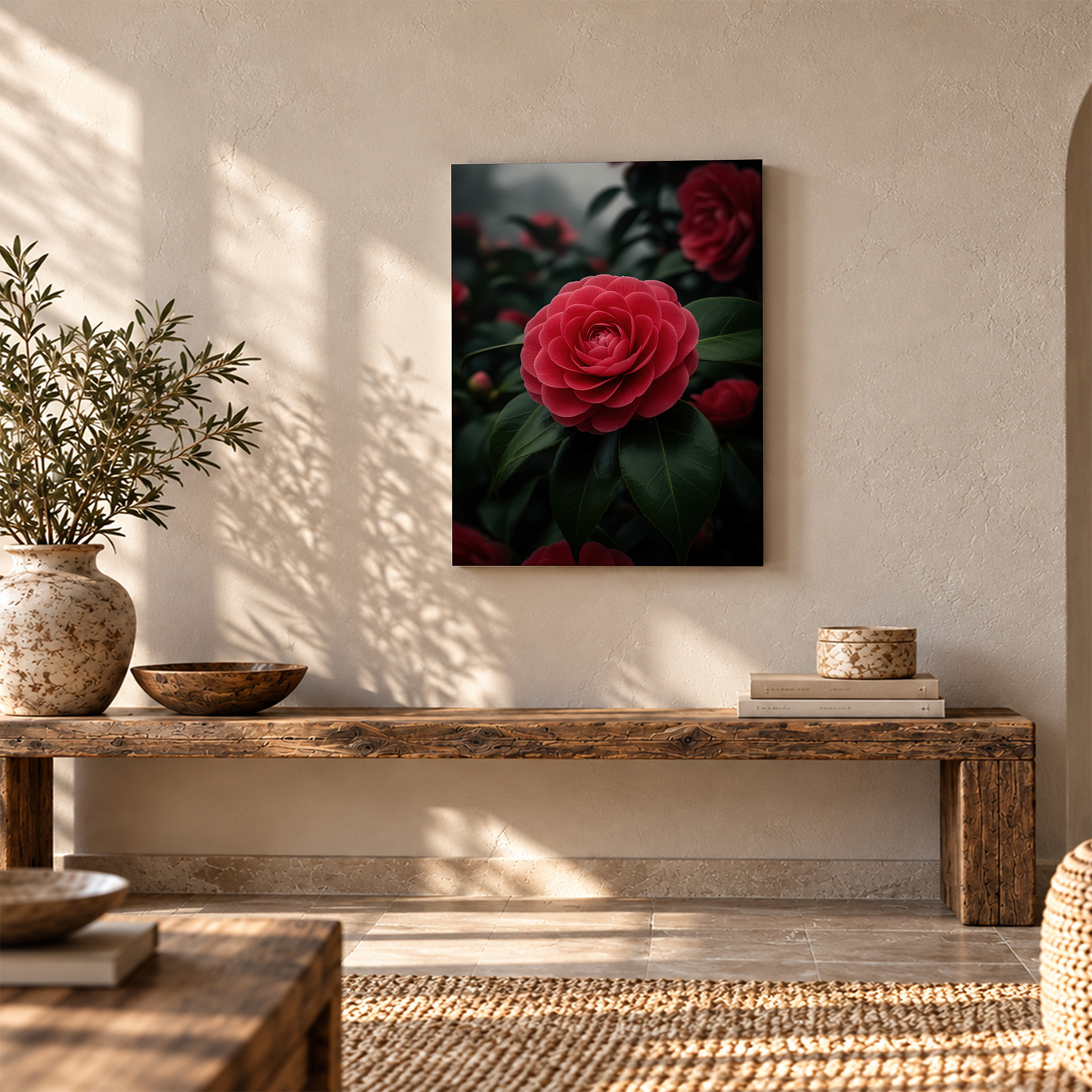 Red Camellia Bloom Framed Canvas Wall Art - Moody Floral Decor - Image 5