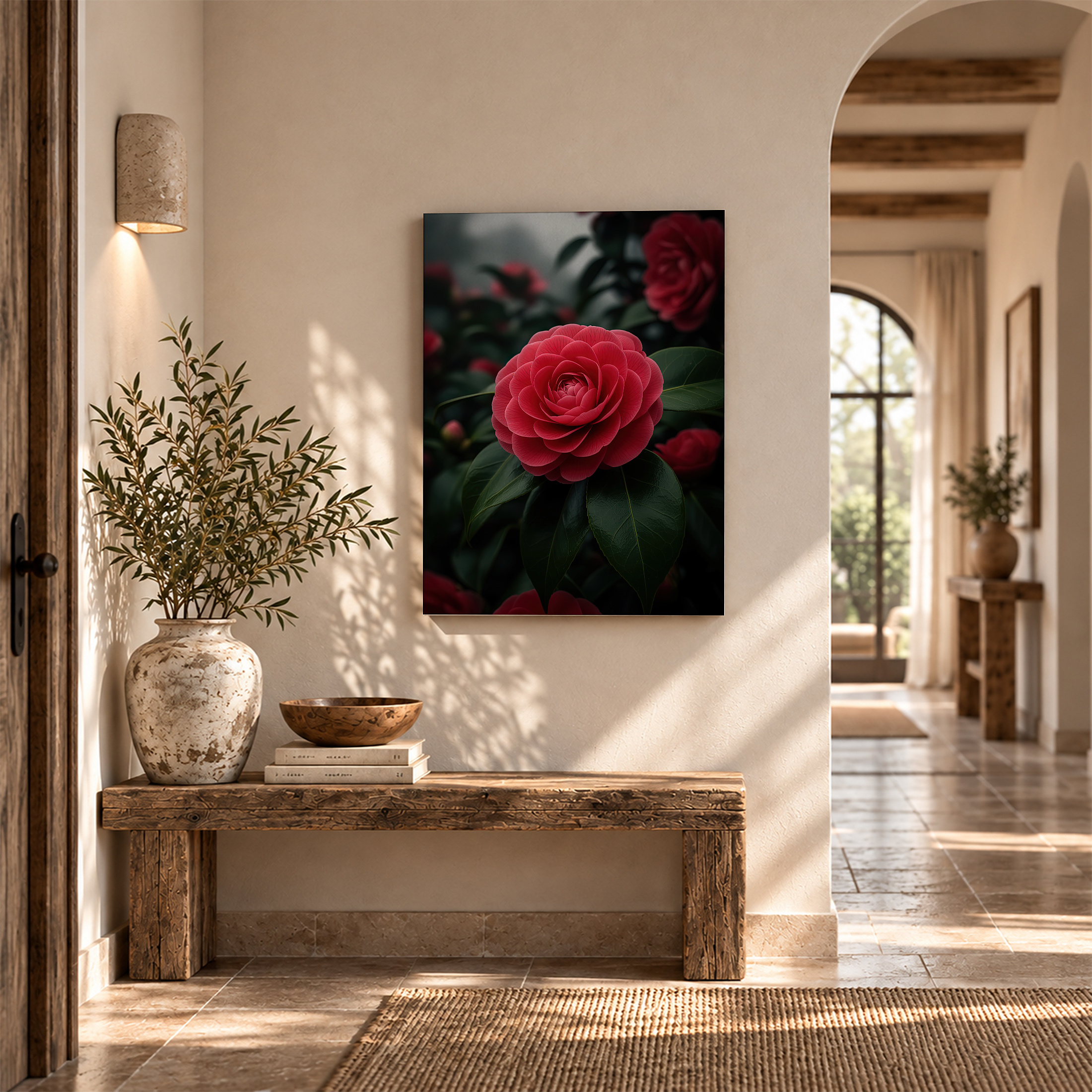 Red Camellia Bloom Framed Canvas Wall Art - Moody Floral Decor - Image 6
