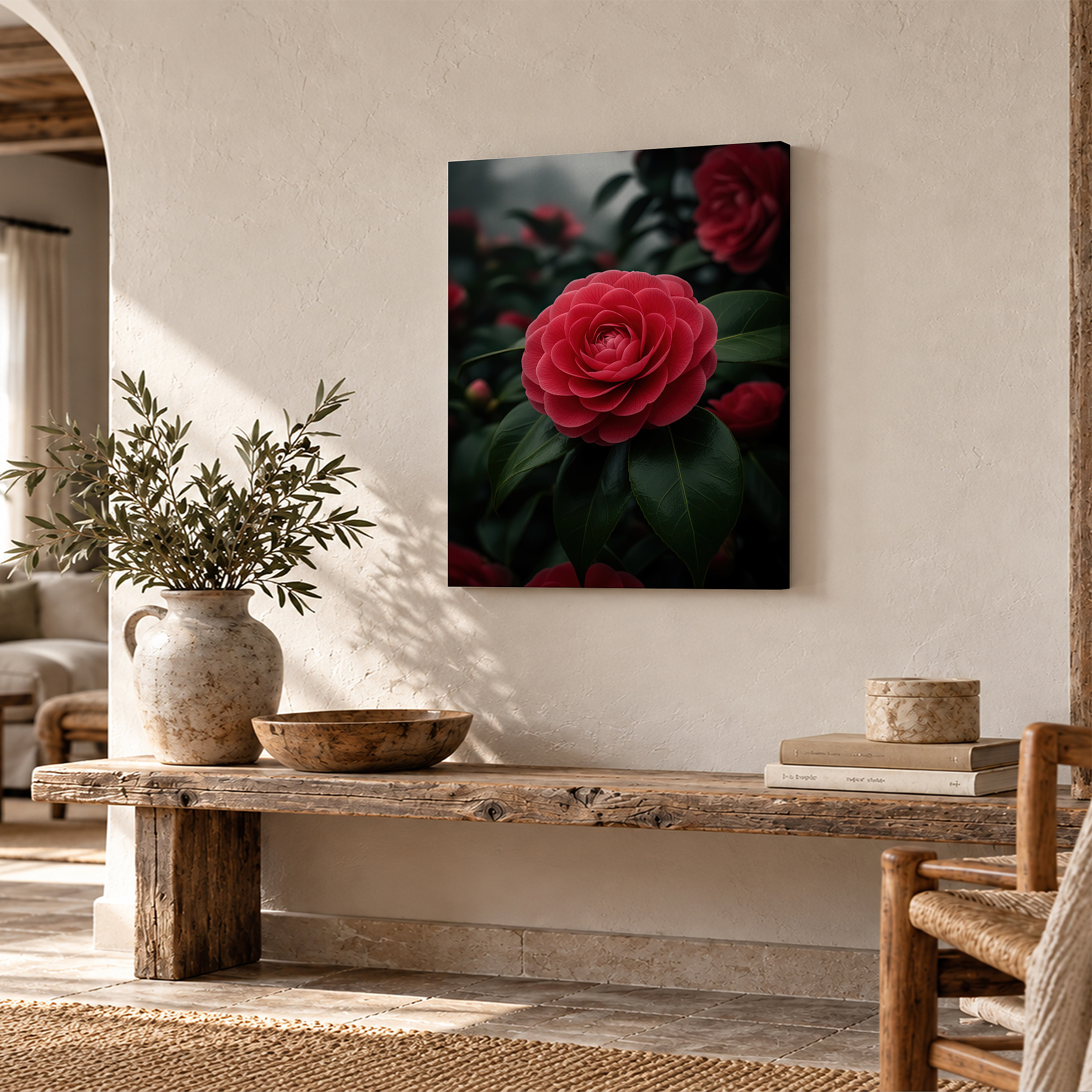 Red Camellia Bloom Framed Canvas Wall Art - Moody Floral Decor - Image 2