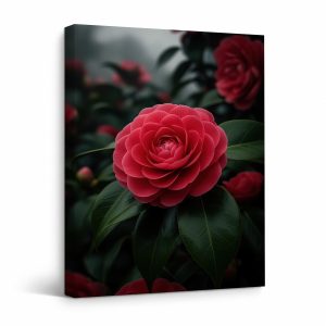 Red Camellia Bloom Framed Canvas Wall Art - Moody Floral Decor