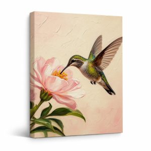 Hummingbird & Peony Floral Framed Canvas Wall Art - Ready to Hang