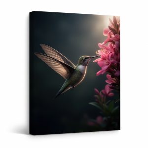 Hummingbird & Pink Blossoms Framed Canvas Wall Art - Ready to Hang