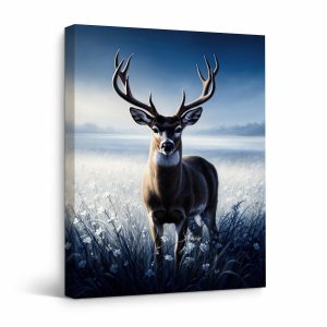 Serene Deer in Misty Meadow Framed Canvas Wall Art