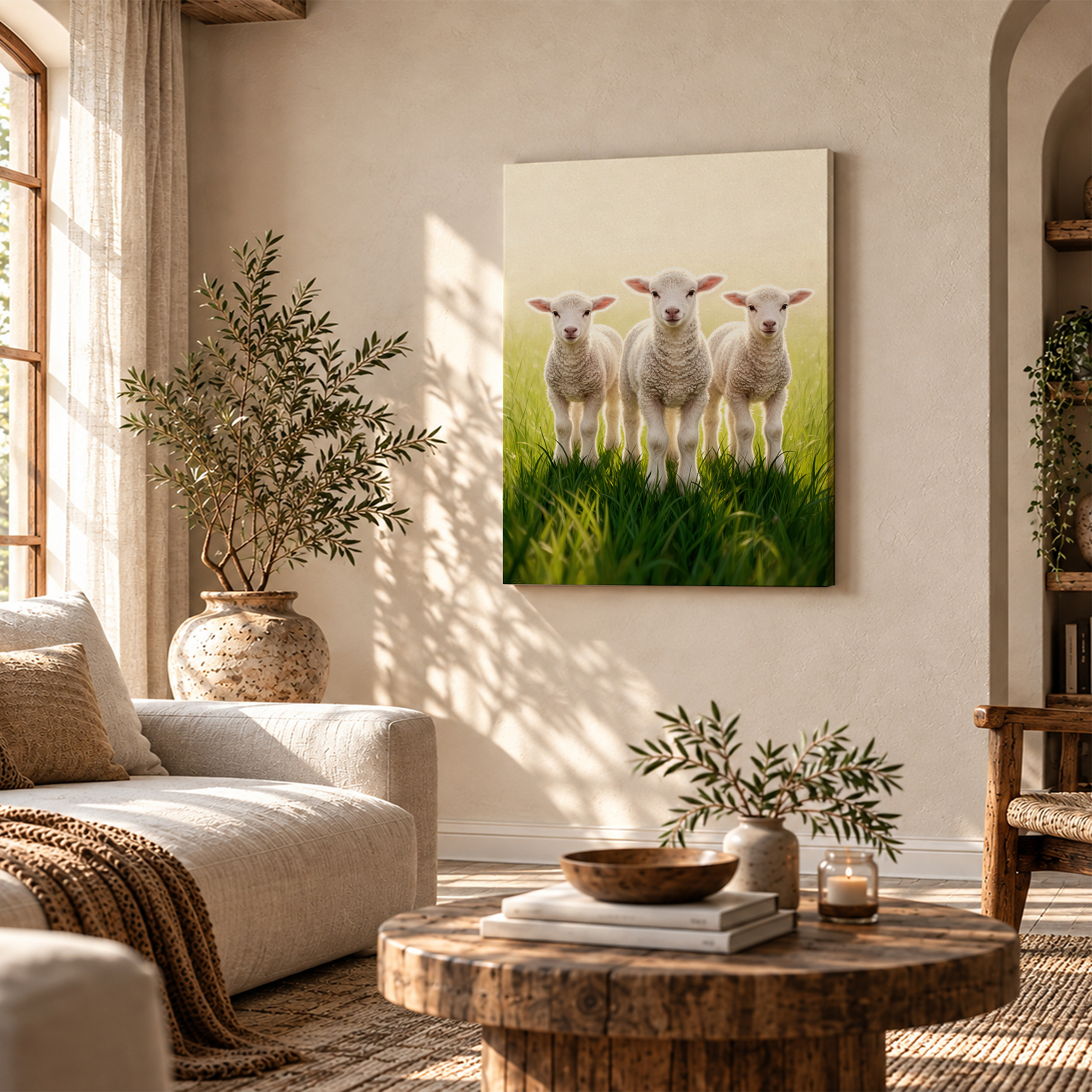 Three Lambs in Pasture Framed Canvas Wall Art - Ready to Hang - Image 4
