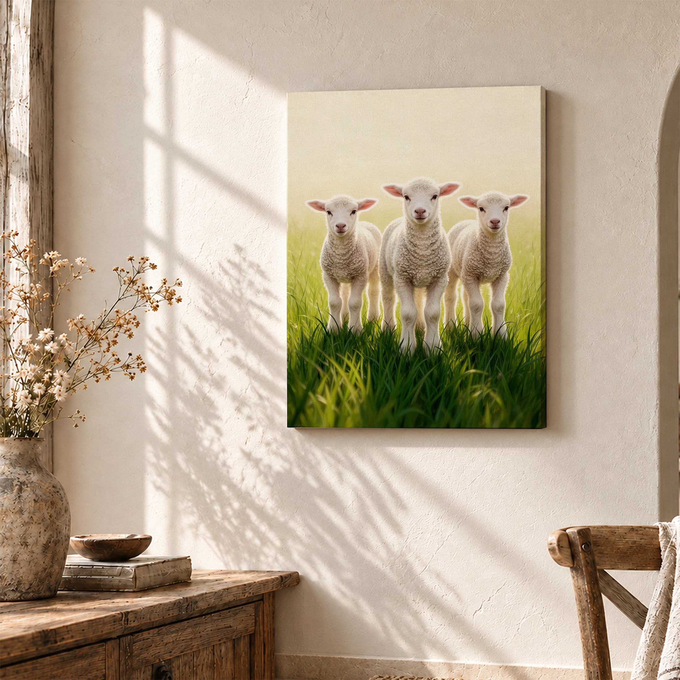 Three Lambs in Pasture Framed Canvas Wall Art - Ready to Hang - Image 3