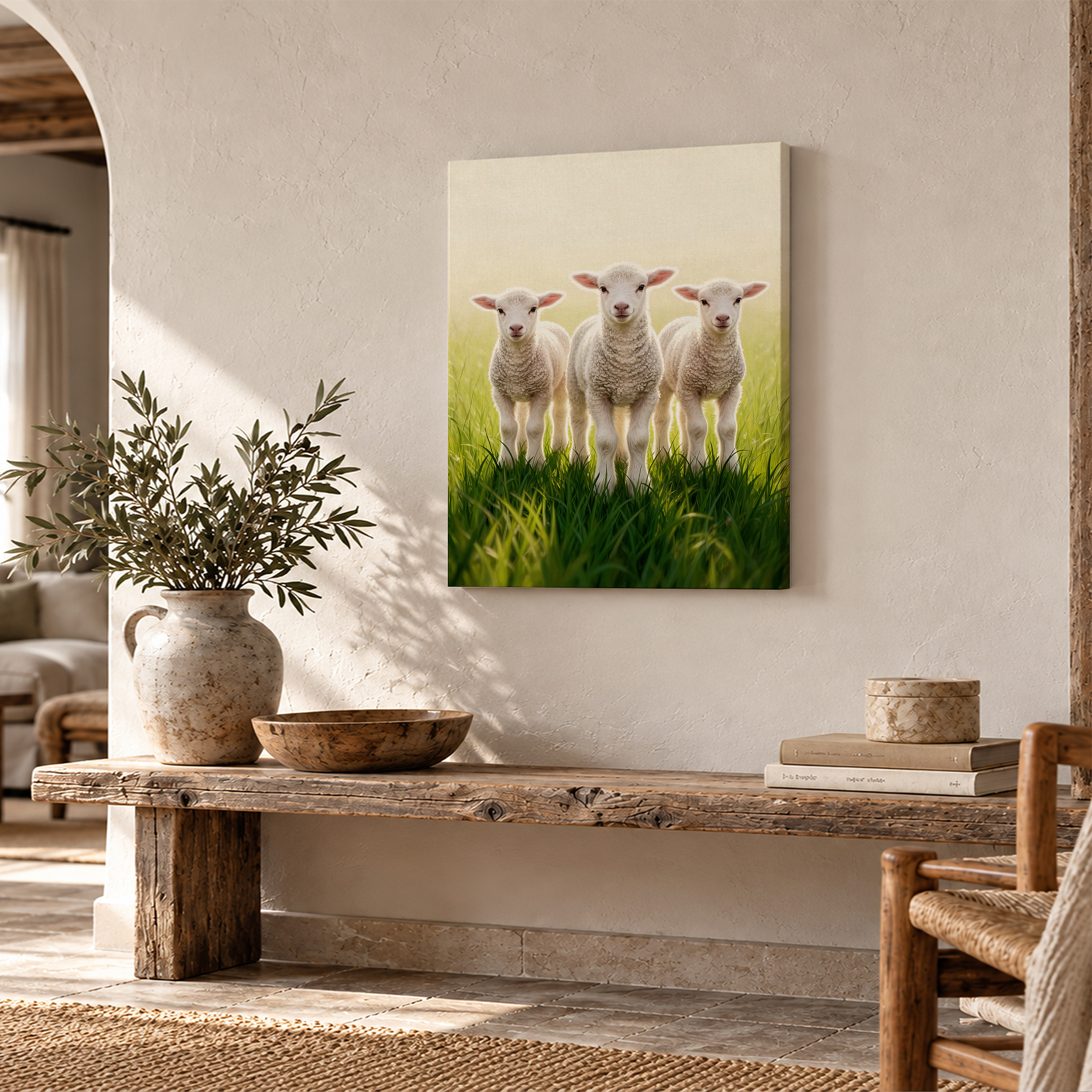 Three Lambs in Pasture Framed Canvas Wall Art - Ready to Hang - Image 2