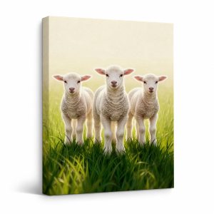 Three Lambs in Pasture Framed Canvas Wall Art - Ready to Hang