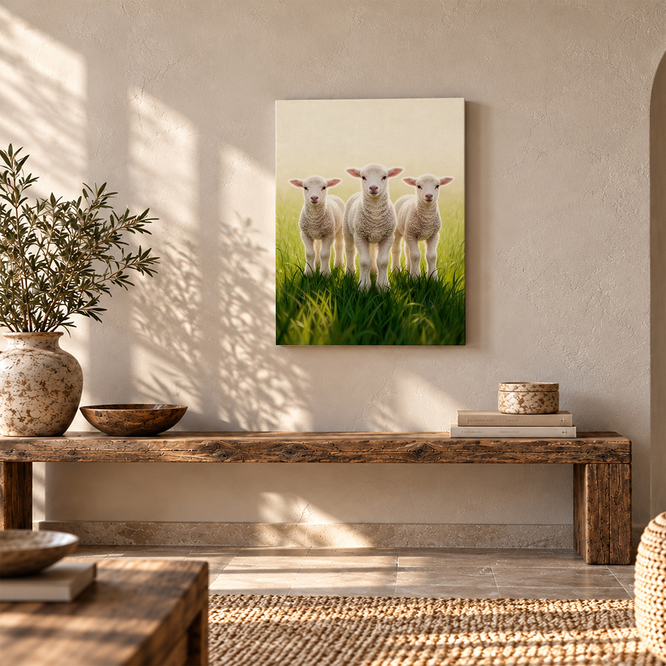 Three Lambs in Pasture Framed Canvas Wall Art - Ready to Hang - Image 5