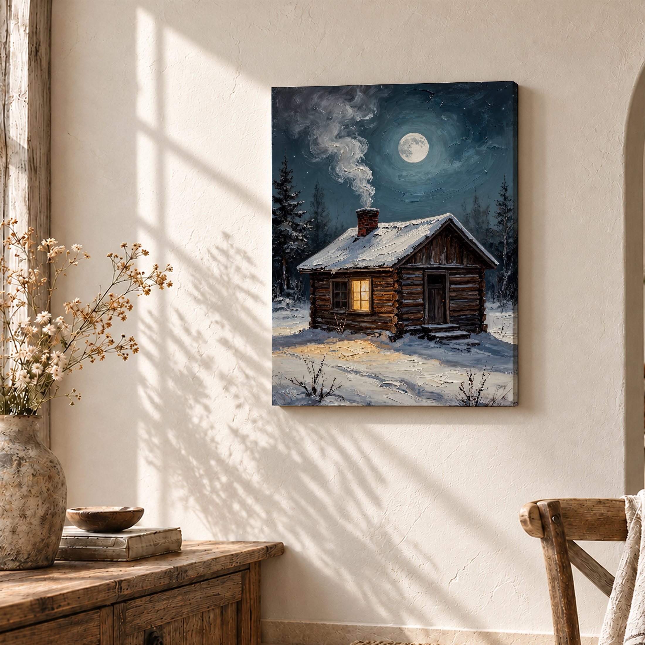 Winter Cabin Moonlit Night Framed Canvas Wall Art - Image 3