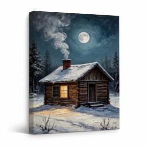 Winter Cabin Moonlit Night Framed Canvas Wall Art