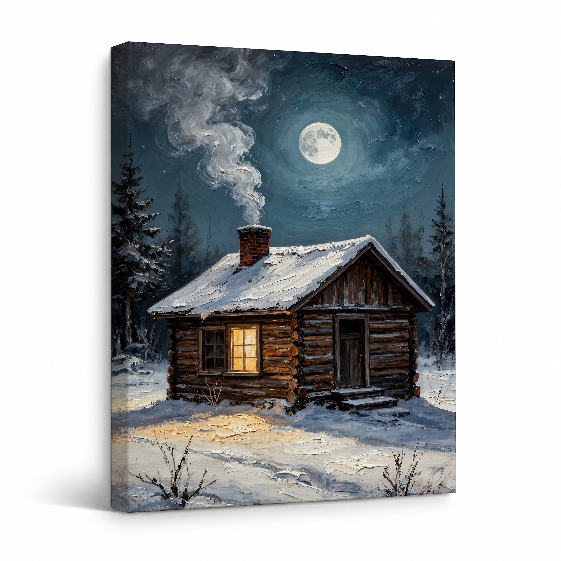 Winter Cabin Moonlit Night Framed Canvas Wall Art