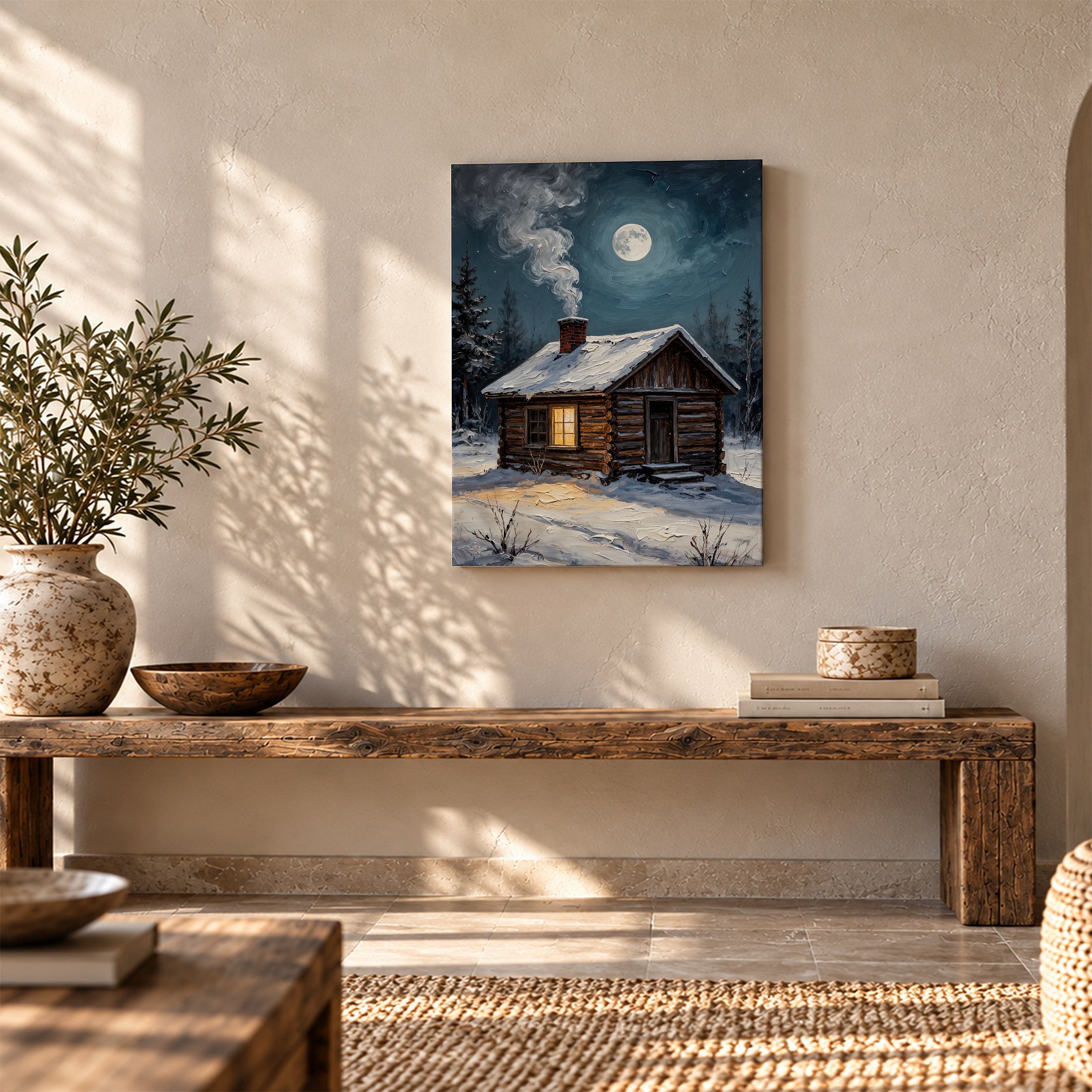 Winter Cabin Moonlit Night Framed Canvas Wall Art - Image 5