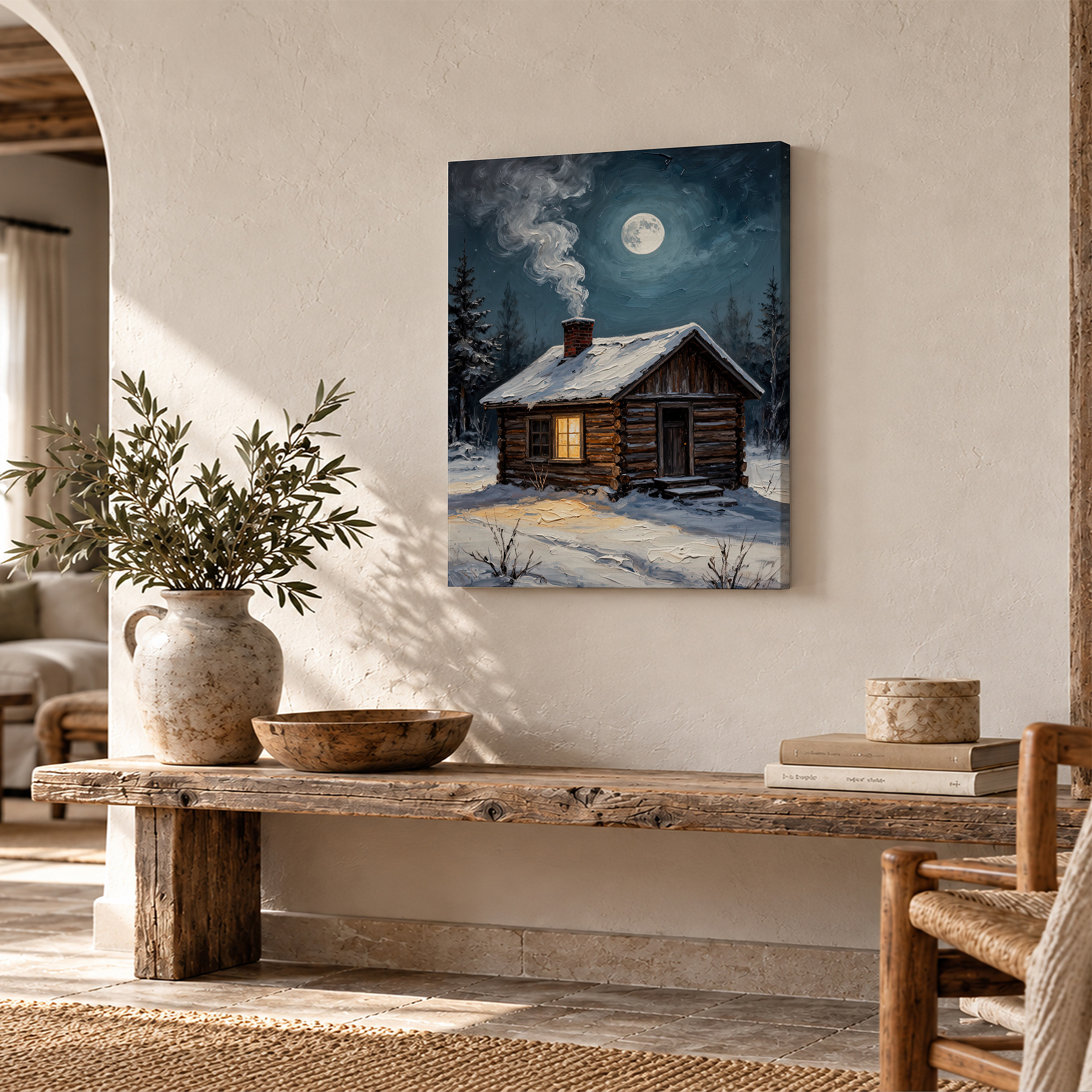 Winter Cabin Moonlit Night Framed Canvas Wall Art - Image 2
