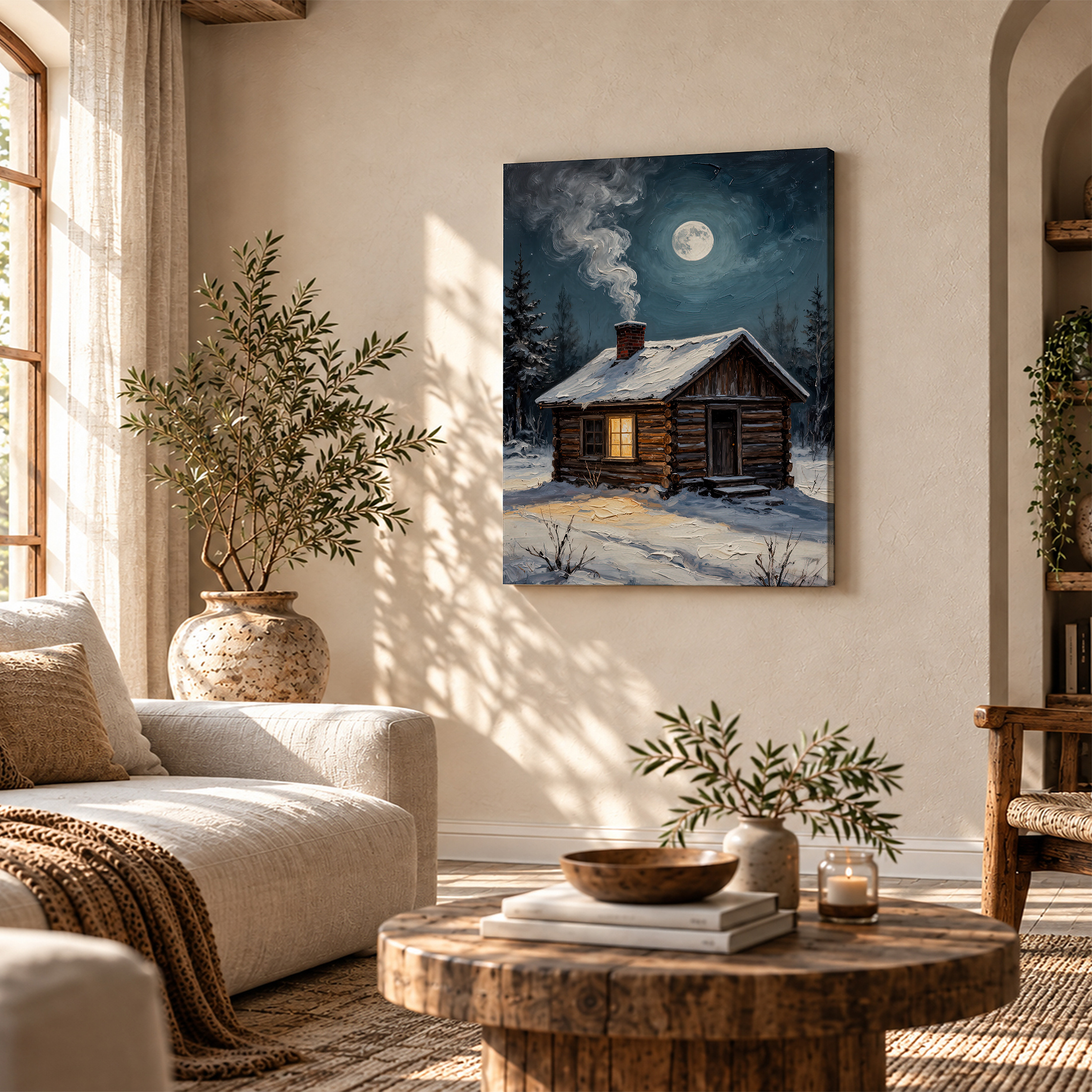 Winter Cabin Moonlit Night Framed Canvas Wall Art - Image 4