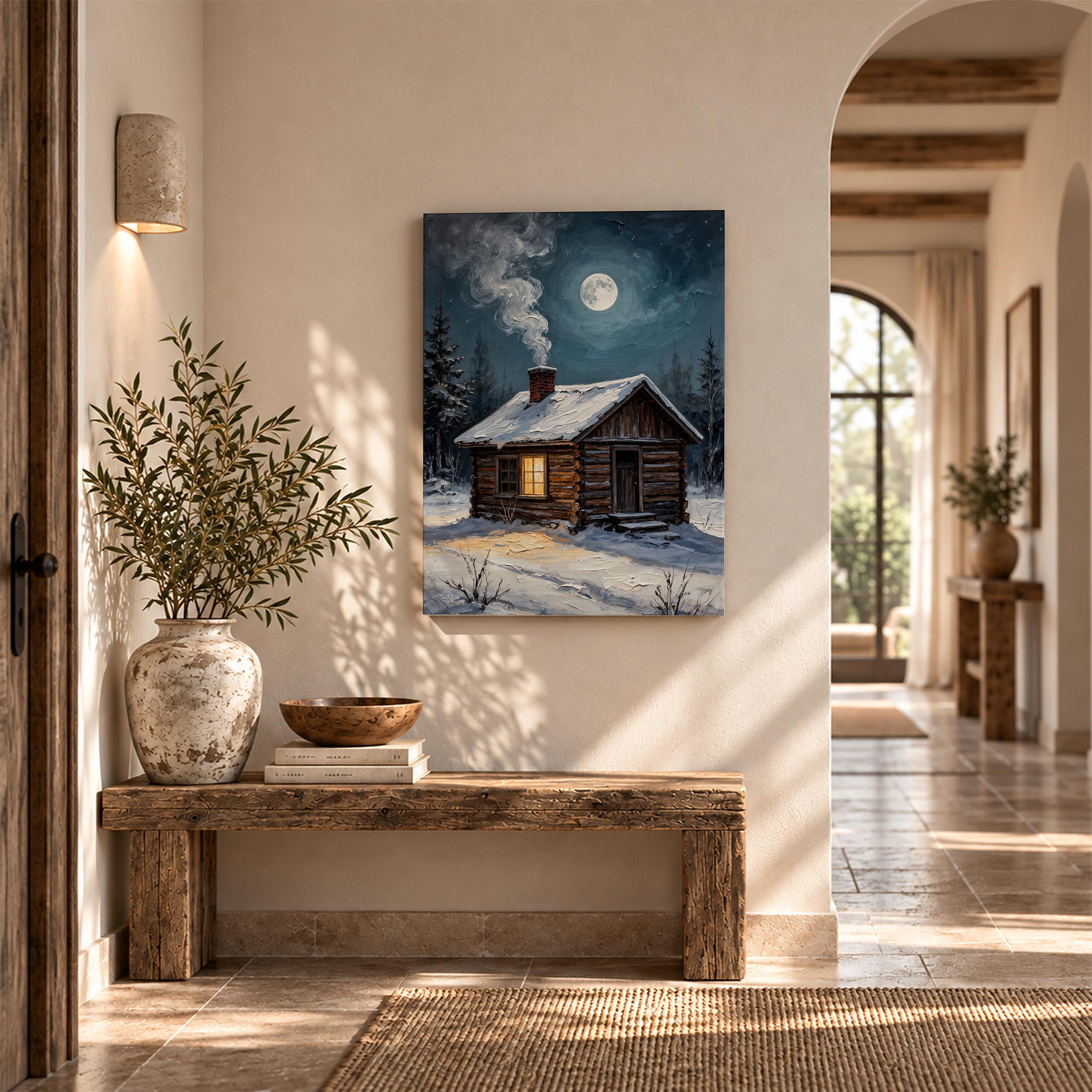 Winter Cabin Moonlit Night Framed Canvas Wall Art - Image 6