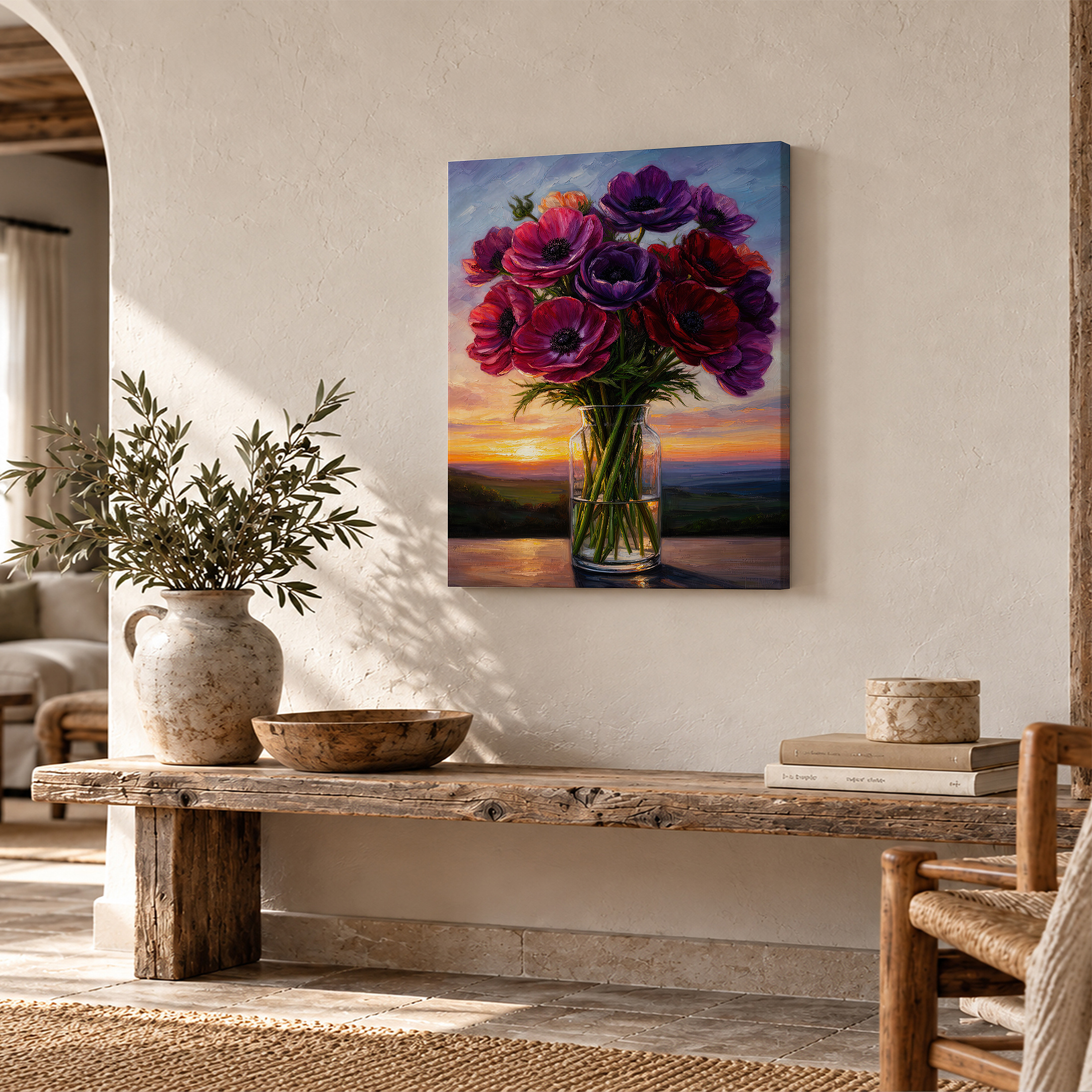 Sunset Anemone Bouquet Framed Canvas Wall Art - Ready to Hang - Image 2