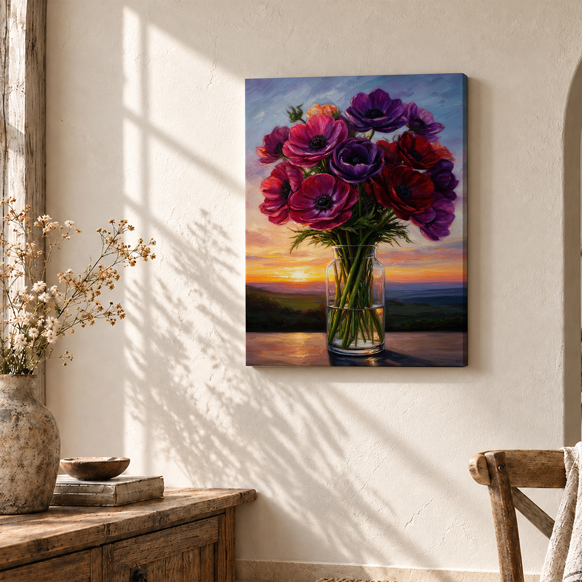 Sunset Anemone Bouquet Framed Canvas Wall Art - Ready to Hang - Image 3